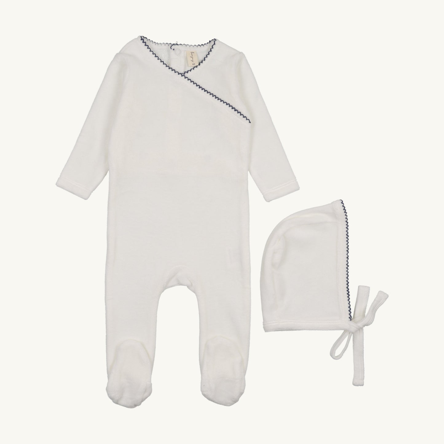 Velour Scalloped Collar Footie Set Ivory/Blue