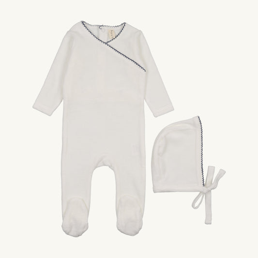 Velour Scalloped Collar Footie Set Ivory/Blue