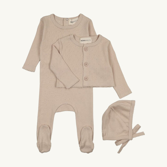 Pointelle Footie, Cardigan and Bonnet Set Oatmeal