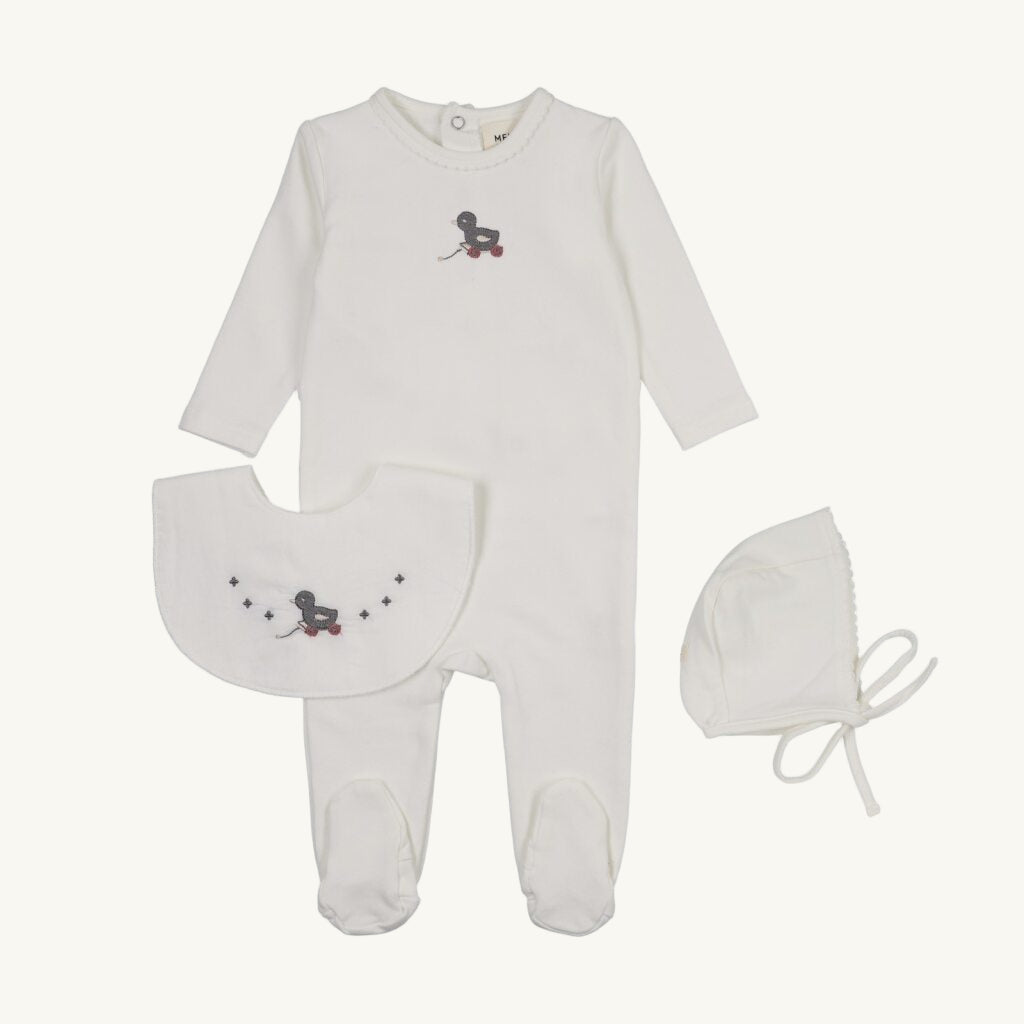 Embroidered Blue Duck Footie Set with Bib