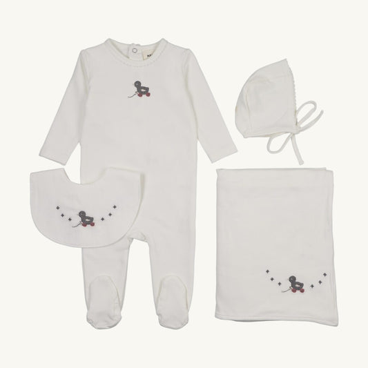 Embroidered Slate Duck Layette Set With Bib