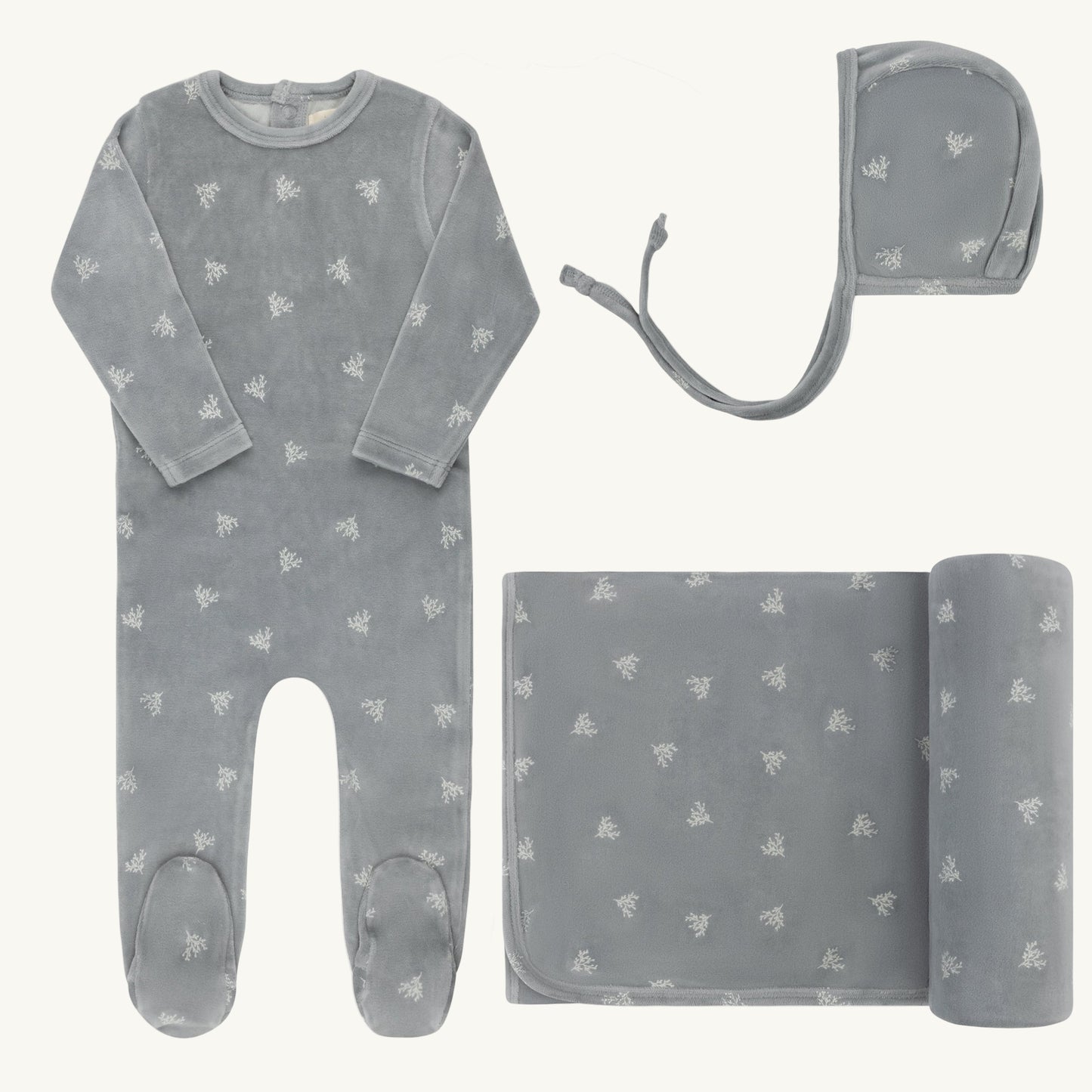 Velour Leaf Pattern Layette Sets Blue