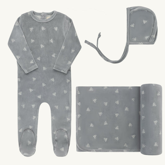 Velour Leaf Pattern Layette Sets Blue