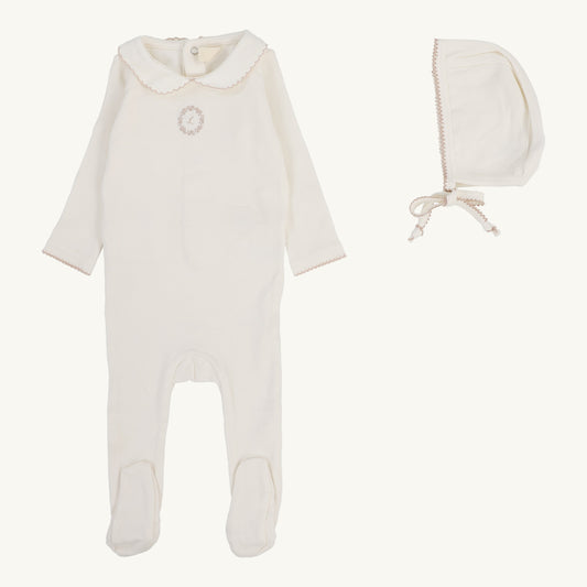 Emblem Embroidered Footie Set  Cream/Pink