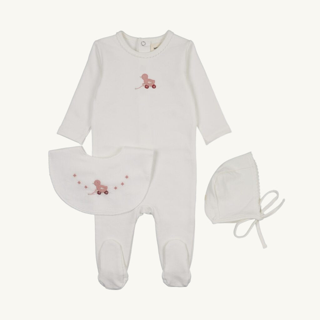 Embroidered Pink Duck Footie Set with Bib