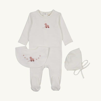 Embroidered Pink Duck Footie Set with Bib