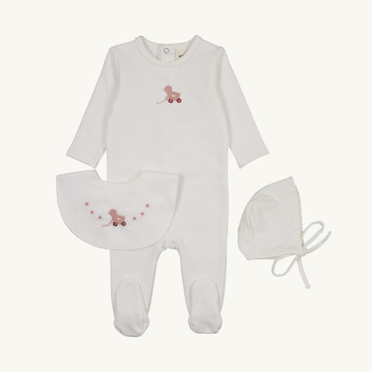 Embroidered Pink Duck Footie Set with Bib