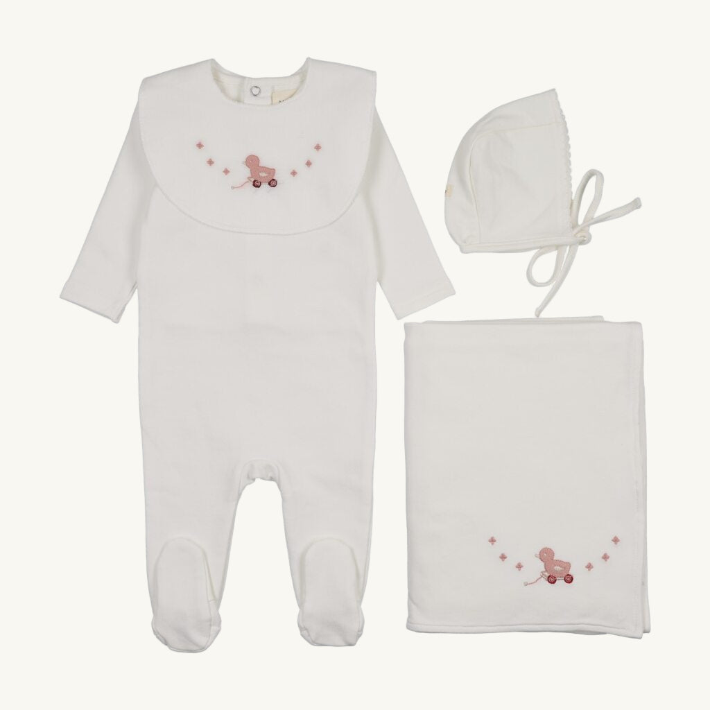 Embroidered Pink Duck Layette Set With Bib