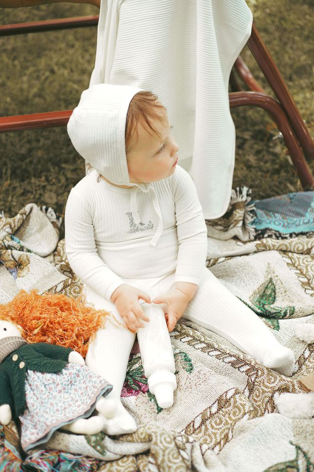 Ivory Ribbed Footie and Hat W/ Blue 'L'