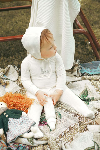 Ivory Ribbed Footie and Hat W/ Blue 'L'
