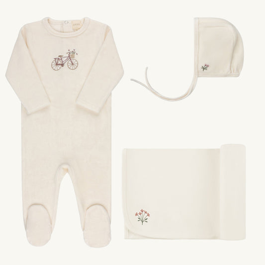 Velour Bicycle Collection Ivory/girl Layette Set