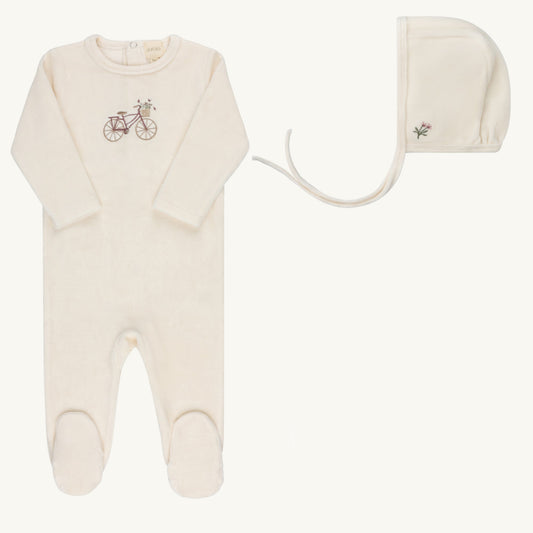 Velour Bicycle Collection Ivory/girl Footie Set