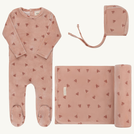Velour Leaf Pattern Layette Sets Pink