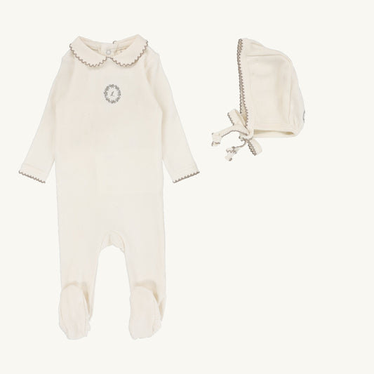 Emblem Embroidered Footie Set  Cream/Oat