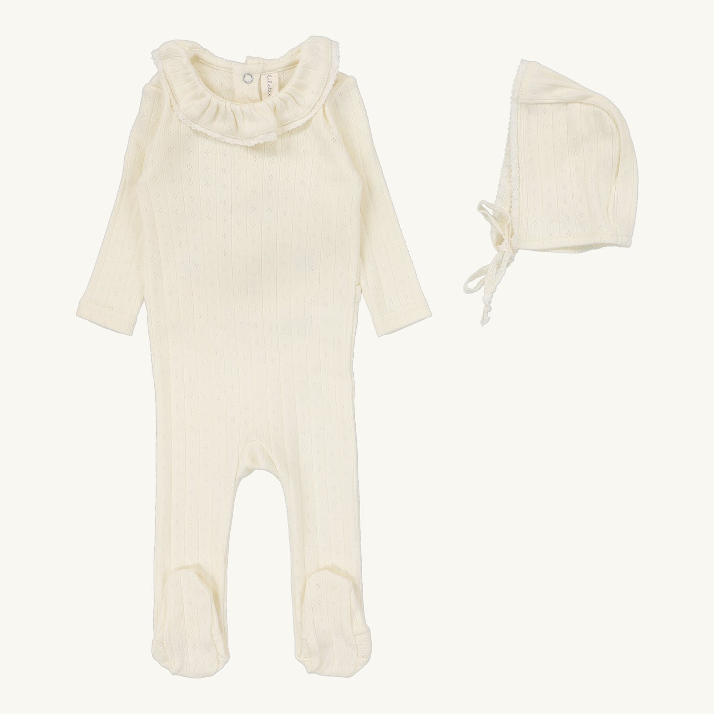 Fine Pointelle Collar Footie Set  Cream Ruffle
