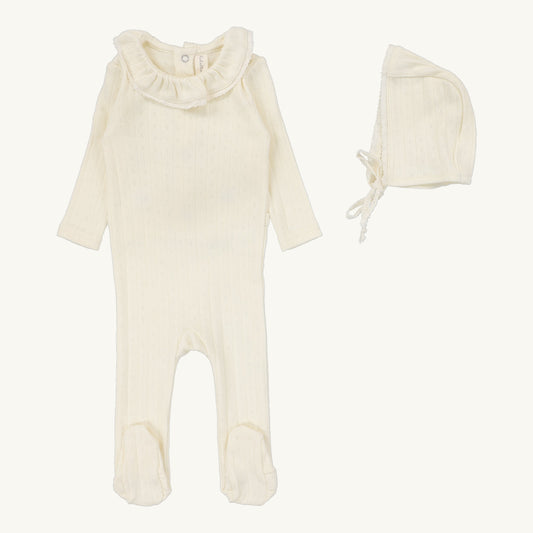 Fine Pointelle Collar Footie Set  Cream Ruffle